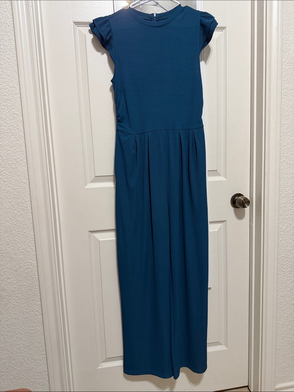 Women's Teal Jumpsuit with Flutter Cap Sleeves